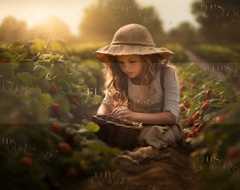 Strawberry field digital backdrop, summer harvest, strawberries, farm field, summer digital background, strawberry digital background