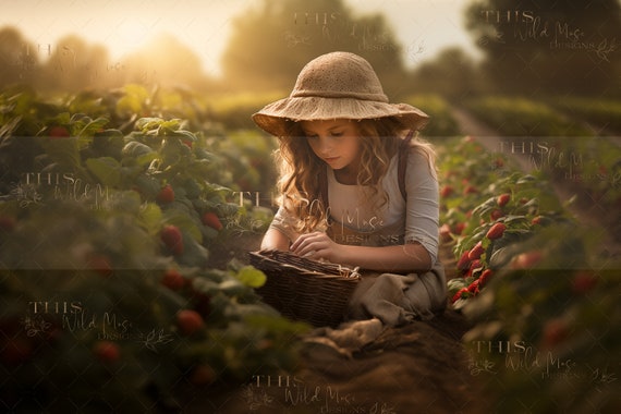 Strawberry field digital backdrop, summer harvest, strawberries, farm field, summer digital background, strawberry digital background
