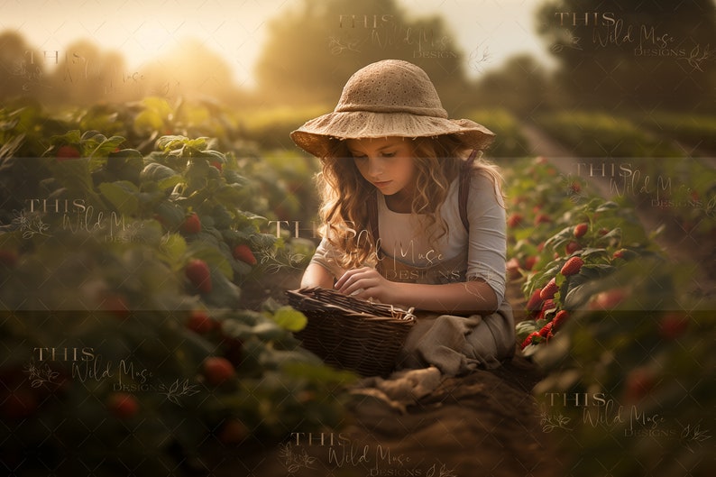 May include: A young girl wearing a straw hat and a white dress sits in a strawberry field, picking strawberries into a wicker basket.