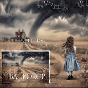 May include: A digital backdrop featuring a dirt road leading to a house in the distance. A funnel cloud is visible in the sky above the road. The road is lined with tall, dry grass. The backdrop is ideal for use in digital photography and photo editing.