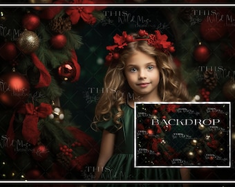 Christmas Wreath Digital Background, Christmas, Red and gold decorations, Richly decorated Christmas backdrop, creative composite imagery