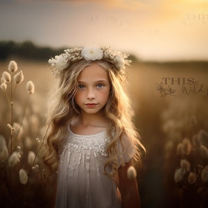 Puede incluir: Una niña joven con cabello largo y rubio lleva una corona de flores blancas y un vestido blanco. Ella está de pie en un campo de hierba alta con una luz suave y dorada en el fondo. El texto "THIS Wild Moss Designs" es visible en la esquina inferior derecha de la imagen.