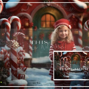 May include: A young girl wearing a red and white striped sweater and a red Santa hat stands in front of a Christmas backdrop. The backdrop features a gingerbread house with candy cane columns and a snowy scene. The text "This Wild Muse Backdrop" is visible in the bottom right corner of the image.