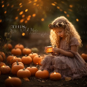 Könnte beinhalten: Ein junges Mädchen in einem langen, wallenden Kleid hält eine kleine Laterne in einem Kürbisfeld. Die Kürbisse sind von innen beleuchtet und erzeugen ein warmes Leuchten. Das Mädchen trägt eine Blumenkrone und hat lange, lockige blonde Haare.
