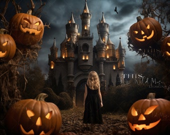 May include: A young girl in a black dress stands in front of a dark, foreboding castle with lit windows. The castle is surrounded by trees with jack-o'-lantern pumpkins hanging from the branches.