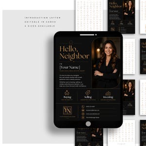 Op de afbeelding: Een zwart en goudkleurig sjabloon voor een introductiebrief voor makelaars met de tekst Hello, Neighbor, I'm [Your Name], Your Local Real Estate Agent, secties voor Buying, Selling, Investing, contactgegevens en een tijdelijke foto.