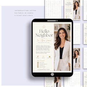 May include: A digital real estate introduction letter template displayed on a tablet screen. The design features a cream background, a photo of a professional in a white blazer, and text including Hello Neighbor, contact details, and service icons.