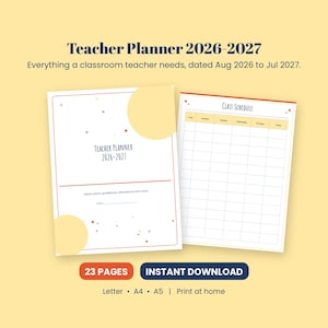 Teacher Planner 2026-2027 Printable, Lesson Plan Template, Gradebook, Attendance Sheet, Sub Plans, Classroom Organizer, Letter A4 A5