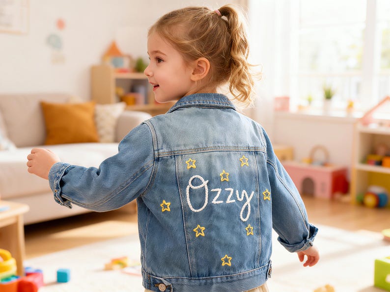May include: A light blue denim jacket with the name "Ozzy" embroidered in white script on the back, surrounded by yellow star accents. The jacket is a classic style, suitable for children's wear.