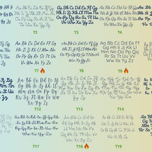 May include: A selection of 20 cursive font styles, each showcasing the alphabet from A to Z. The fonts vary in design, with some featuring elegant swirls and others a more casual appearance. Ideal for graphic design projects.