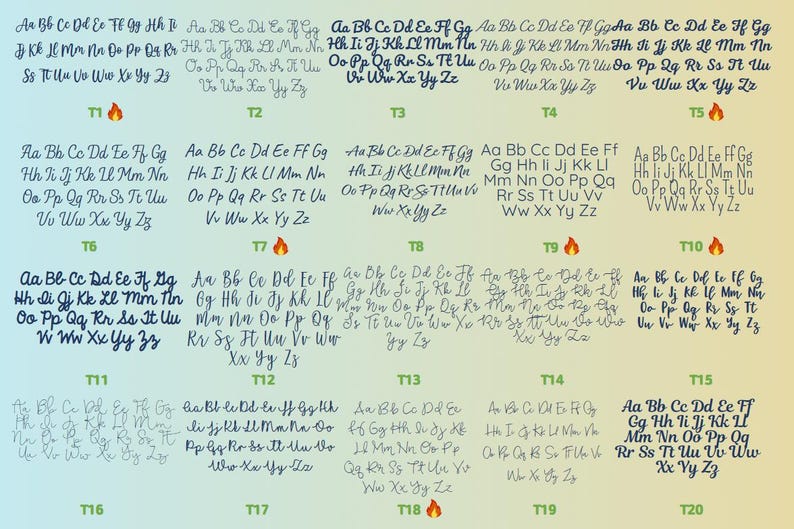 May include: A selection of 20 cursive font styles, each showcasing the alphabet from A to Z. The fonts vary in design, with some featuring elegant swirls and others a more casual appearance. Ideal for graphic design projects.