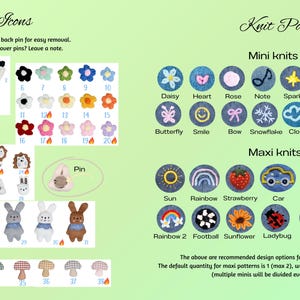 May include: Image displaying embroidered and non-embroidered icons, such as flowers, animals, and mushrooms. It also shows mini and maxi knit patterns with designs like daisies, hearts, and rainbows. Text reads "Icons" and "Knit Patterns."