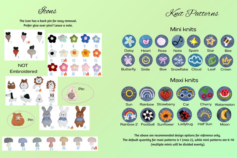 May include: Image displaying embroidered and non-embroidered icons, such as flowers, animals, and mushrooms. It also shows mini and maxi knit patterns with designs like daisies, hearts, and rainbows. Text reads "Icons" and "Knit Patterns."