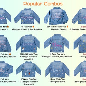 May include: A selection of denim jackets, each customized with a name and embroidered details. The jackets showcase different thread colours and designs, including flowers, stars, and rainbows. The words "Popular Combos" are displayed at the top.