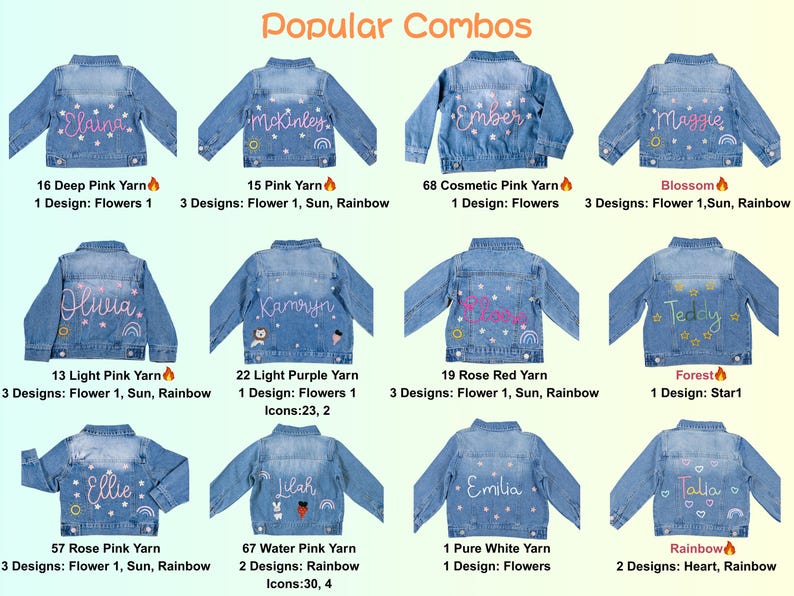 May include: A selection of denim jackets, each customized with a name and embroidered details. The jackets showcase different thread colours and designs, including flowers, stars, and rainbows. The words "Popular Combos" are displayed at the top.