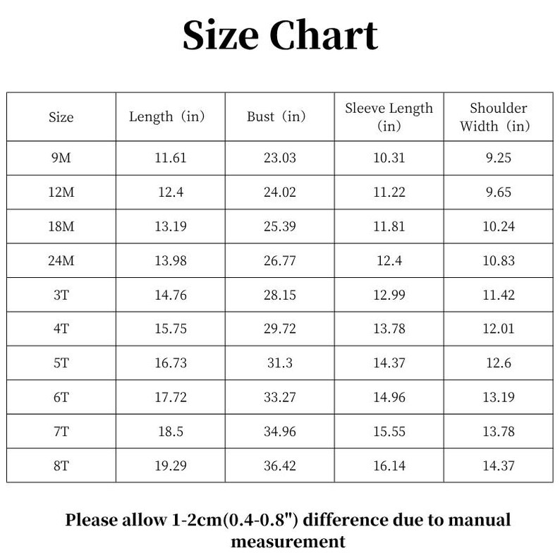 May include: A size chart for children's clothing, with measurements in inches. The chart includes sizes from 9M to 8T, detailing length, bust, sleeve length, and shoulder width. Text at the bottom indicates a possible 0.4-0.8 inch difference.