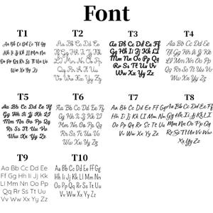 May include: A black and white image displaying ten different font styles, labeled T1 through T10. Each font showcases the alphabet in uppercase and lowercase letters, providing a visual guide for typography choices.
