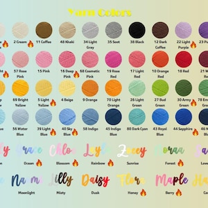 May include: A colour chart showing a range of yarn colours, each labelled with a number and name. The chart includes shades of beige, pink, yellow, orange, green, blue, purple, and grey. Below, names like "Emily" and "Hazel" are written in cursive, each with a corresponding colour.