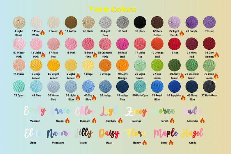May include: A colour chart showing a range of yarn colours, each labelled with a number and name. The chart includes shades of beige, pink, yellow, orange, green, blue, purple, and grey. Below, names like "Emily" and "Hazel" are written in cursive, each with a corresponding colour.