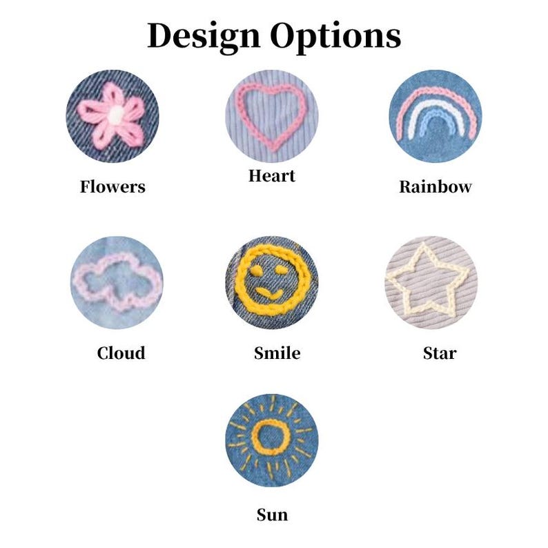 May include: Image showing design options with embroidered patches. Designs include a pink flower, a pink heart, a rainbow, a cloud, a yellow smiley face, a star, and a yellow sun. Text at the top reads "Design Options".