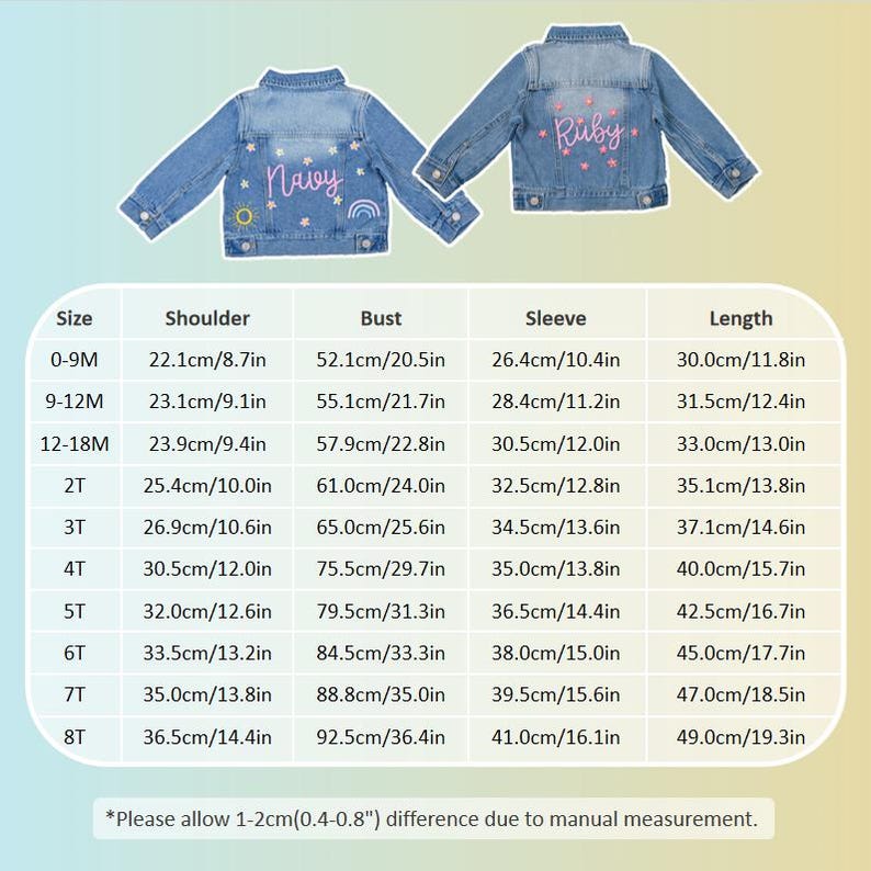 May include: Two light blue denim jackets for children. One jacket has the name "Navy" embroidered on the back with floral and rainbow designs. The other jacket has the name "Ruby" embroidered on the back with pink hearts. A size chart is included.