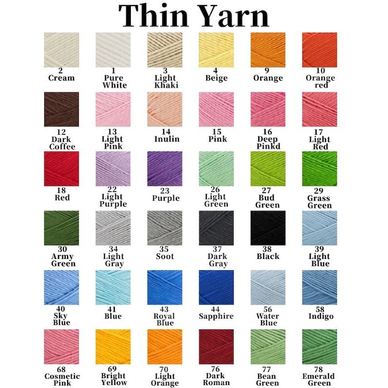 May include: Color chart of thin yarn in various shades, including cream, pink, and blue. The chart displays a range of colors with corresponding numbers and names, such as "Light Khaki" and "Dark Coffee". The text "Thin Yarn" is at the top.