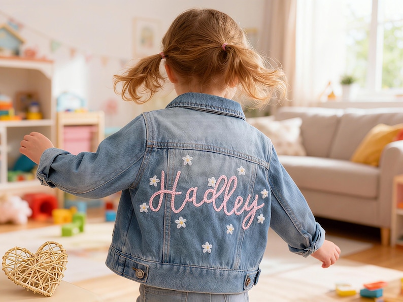 May include: A light blue denim jacket with the name "Hadley" embroidered in pink script on the back, surrounded by white flower accents. The jacket has a classic collar and button closures, suitable for children.