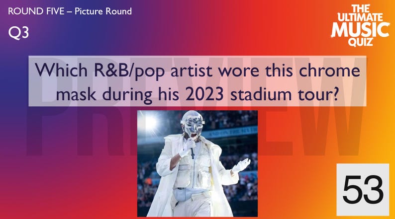 Op de afbeelding: Afbeelding van een muziekquiz met een artiest in een chromen masker en witte outfit. De tekst vraagt welke R&B/popartiest het masker droeg tijdens een stadiontournee in 2023. De achtergrond is een verloop van rood, paars en oranje.