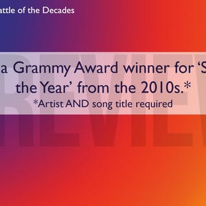 Op de afbeelding: Een quizkaart met een gradi&euml;ntachtergrond van rood, oranje en blauw. De tekst luidt: "Noem een Grammy Award-winnaar voor 'Song of the Year' uit de jaren 2010." Het nummer 11 staat in een wit vak rechtsonder.