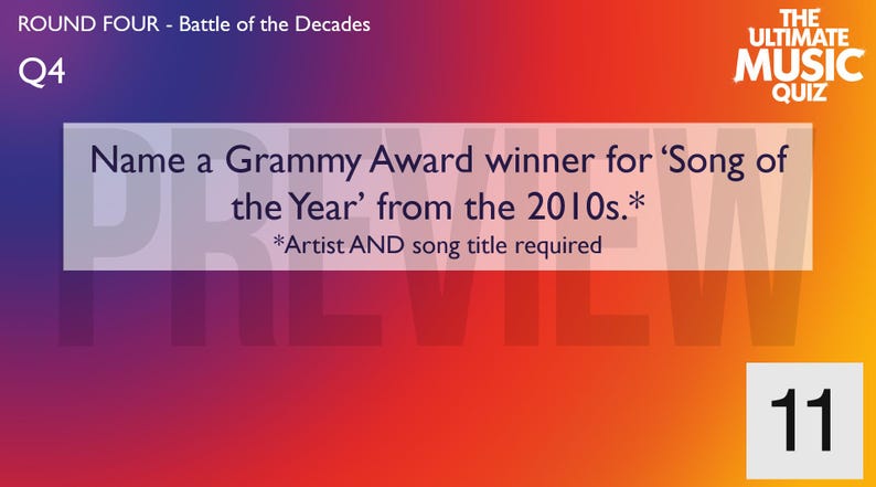 Op de afbeelding: Een quizkaart met een gradi&euml;ntachtergrond van rood, oranje en blauw. De tekst luidt: "Noem een Grammy Award-winnaar voor 'Song of the Year' uit de jaren 2010." Het nummer 11 staat in een wit vak rechtsonder.