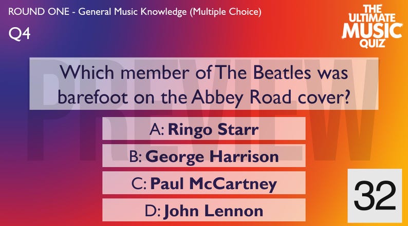 Op de afbeelding: Een meerkeuzevraag over The Beatles. De vraag is welk lid blootsvoets op de Abbey Road-cover stond. De antwoordopties zijn Ringo Starr, George Harrison, Paul McCartney en John Lennon. De quiz heet "The Ultimate Music Quiz".