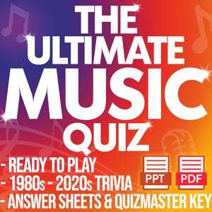Op de afbeelding: Een kleurrijke afbeelding voor "The Ultimate Music Quiz" met witte tekst op een gradi&euml;nt achtergrond. Bevat "Ready to Play", "1980s-2020s Trivia" en "Antwoordvellen & Quizmaster Key".