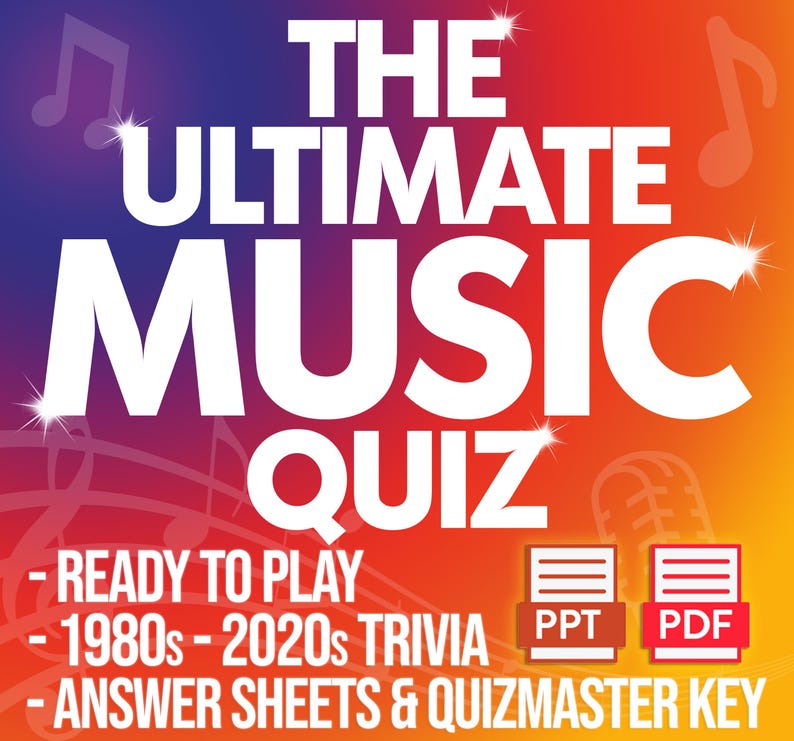 Op de afbeelding: Een kleurrijke afbeelding voor "The Ultimate Music Quiz" met witte tekst op een gradi&euml;nt achtergrond. Bevat "Ready to Play", "1980s-2020s Trivia" en "Antwoordvellen & Quizmaster Key".
