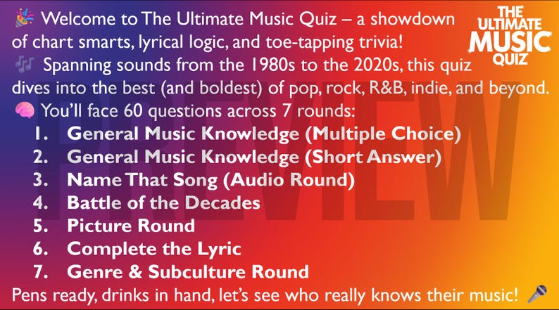 Op de afbeelding: Een kleurrijke afbeelding die "The Ultimate Music Quiz" promoot. De tekst beschrijft een muziekquiz van de jaren 1980 tot 2020, met pop, rock, R&B en indie. Het bevat 7 rondes, waaronder algemene muziekkennis en audio-rondes.