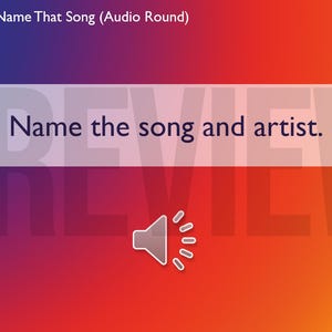 Op de afbeelding: Een quizkaart met een gradi&euml;ntachtergrond van paars, rood en oranje. De tekst "Noem de song en artiest" wordt weergegeven in een witte rechthoek. Onderaan staat een luidsprekerpictogram.