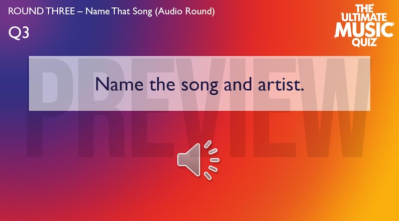 Op de afbeelding: Een quizkaart met een gradi&euml;ntachtergrond van paars, rood en oranje. De tekst "Noem de song en artiest" wordt weergegeven in een witte rechthoek. Onderaan staat een luidsprekerpictogram.