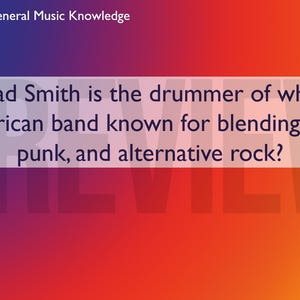 Op de afbeelding: Een quizvraag op een verloopachtergrond. De tekst luidt: "Chad Smith is de drummer van welke Amerikaanse band die bekend staat om het mixen van funk, punk en alternatieve rock?" Het nummer 39 staat in een wit kader.