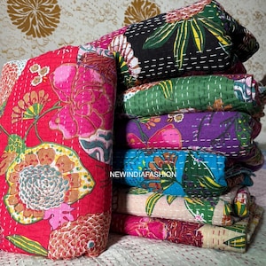 Floral Multi  Colour Cotton Kantha Quilt,Reversible Quilt,Quilt For Sale ,Bedding Quilt ,Bedspread Quilt ,Coverlate Quilt ,Gift For Her