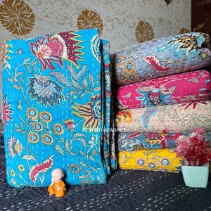 Hand-Stitched Cotton quilting ,Kantha Quilt,Floral Printed,Boho Decor Hippie Sofa Cover ,Throw Blanket ,Reversible Kantha ,Bedsheet