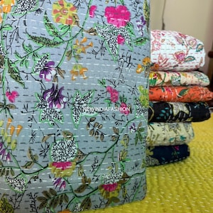 Bohemian  Cotton Kantha Quilt Handmade Vintage Quilts Boho Queen Size Bedding Throw Blanket Bedspread Quilted Hippie