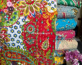 Edredón Kantha indio hecho a mano, estilo bohemio, colcha de algodón, cubrecama Kantha, edredón bohemio