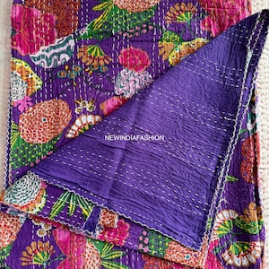 Purple Bedding quilt, Cotton Throw Handmade Indian Quilt Decor Bedding Hippie Bedroom Coverlets Kantha Stitched Decor Reversible Throw