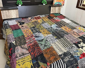 PATCHWORK KANTHA QUILT Indian Vintage Throw Blanket Bedcover Silk Handmade Bohemian Coverlets Queen Twin size Bedspread Quilts For Sale