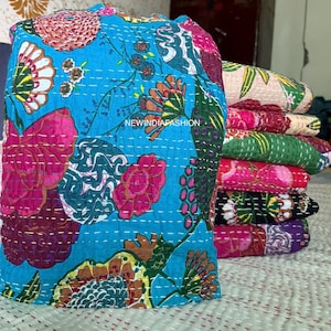 Turquoise  Flowers Kantha Quilt Pure Cotton Kantha Throw Blanket Bedspread Coverlet Kantha Bed Cover Boho Indian Hippie Quilt