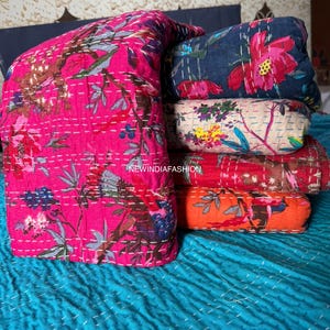 Bohemian  Cotton Kantha Quilt Handmade Vintage Quilts Boho Queen Size Bedding Throw Blanket Bedspread Quilted Hippie