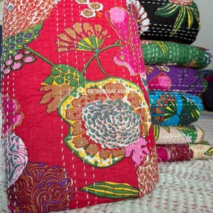 Red  Floral Kantha Quilt Handmade Printed Indian Reversible Boho Kantha Bedspread Throw