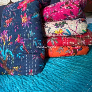Indian Block Print Cotton Kantha Quilt Handmade Vintage Quilts Boho Queen Size Bedding Throw Blanket Bedspread Quilted Hippie