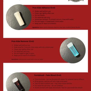 Puede incluir: Kit FX Mini Inglés que incluye adhesivo, removedor y sangre falsa. El kit contiene pequeños viales de adhesivo, removedor y sangre falsa. Los productos son solo para uso externo e incluyen instrucciones. El kit está marcado con el logotipo de Oscuro SFX.