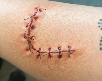 Realistic Silicone Stitched U-Shaped Wound – Handmade SFX Prosthetic for Halloween, Cosplay & Horror Makeup