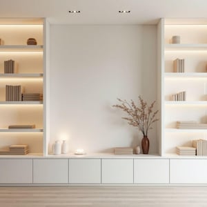 Op de afbeelding: Een moderne ingebouwde boekenkast met geïntegreerde verlichting. De planken tonen stapels boeken, decoratieve vazen en kleine objecten. De unit is wit geschilderd en heeft een minimalistisch ontwerp, wat een strakke en georganiseerde esthetiek creëert.